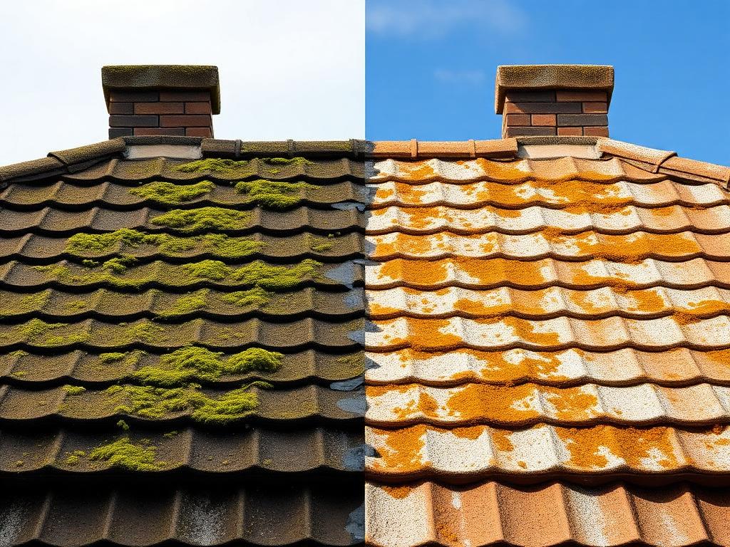 Before and after roof cleaning showing moss removal in Co Down