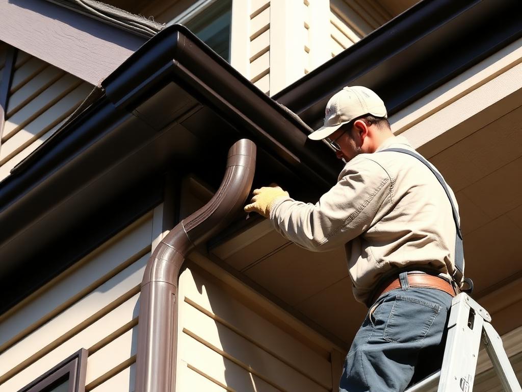 Tradesperson installing new black guttering and downpipe on a home in Dublin