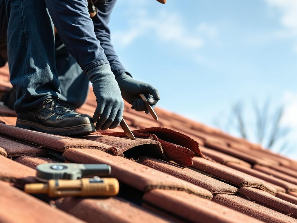 Roofer replacing cracked roof tiles during a roof repair in Meath