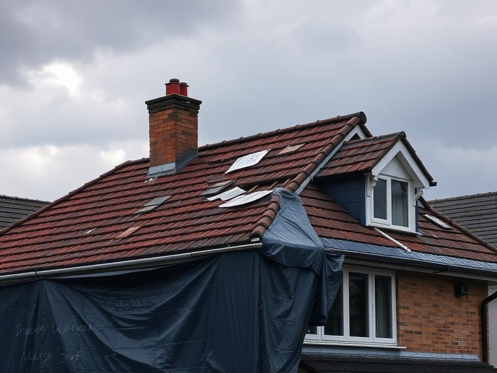 Storm damaged roof with missing tiles awaiting emergency repair in Co Down